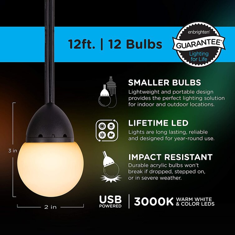 Enbrighten USB Outdoor 12 Bulb 12 Plug in LED String Light